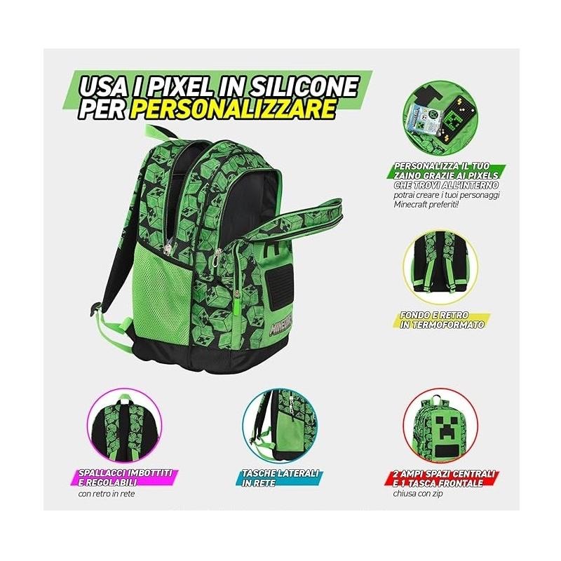 ZAINO SCUOLA ORGANIZZATO 3 SCOMPARTI PIXEL MINECRAFT