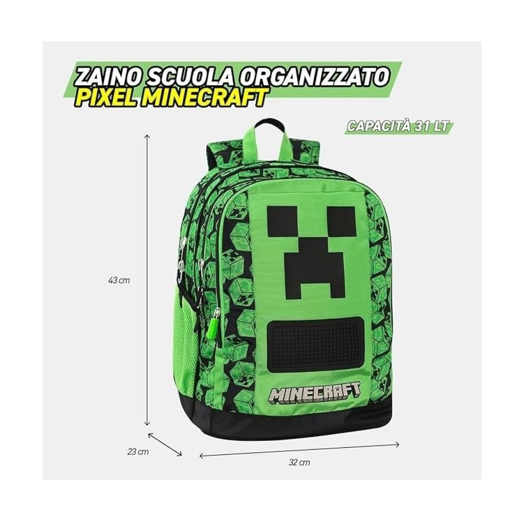 ZAINO SCUOLA ORGANIZZATO 3 SCOMPARTI PIXEL MINECRAFT
