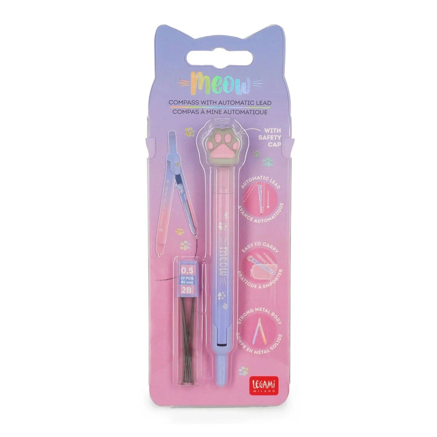 Compasso con Mina Automatica Legami Meow — Zampa Gatto Rosa Viola Mine 0,5mm 2B Incluse