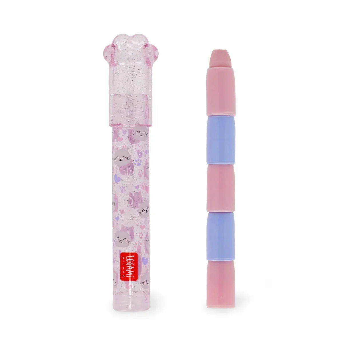 Gomme Impilabili Meow Legami — 5 Gomme Profumate al Mirtillo con Portagomma a Zampina di Gatto