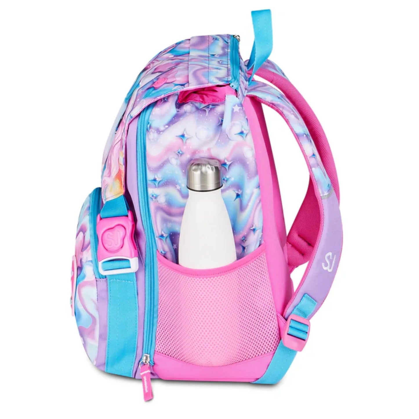Zaino SJ Gang Estensibile Big LED Unicorn Girl con Occhi LED Unicorno Ricaricabili USB e Pattina Staccabile Fantasia Swirl Stelle Rosa Azzurro