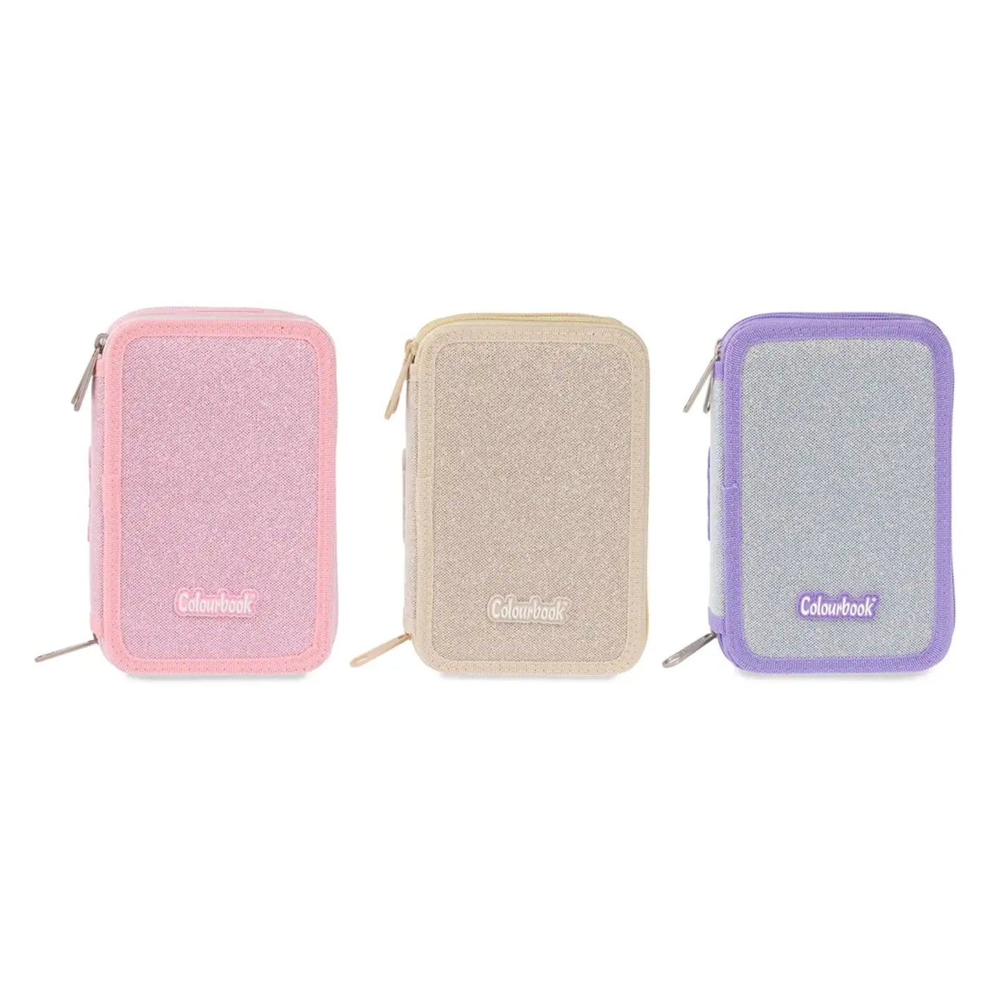 Astuccio 3 Zip Glitter Brillantinato Colourbook Completo 44 Pezzi Scuola