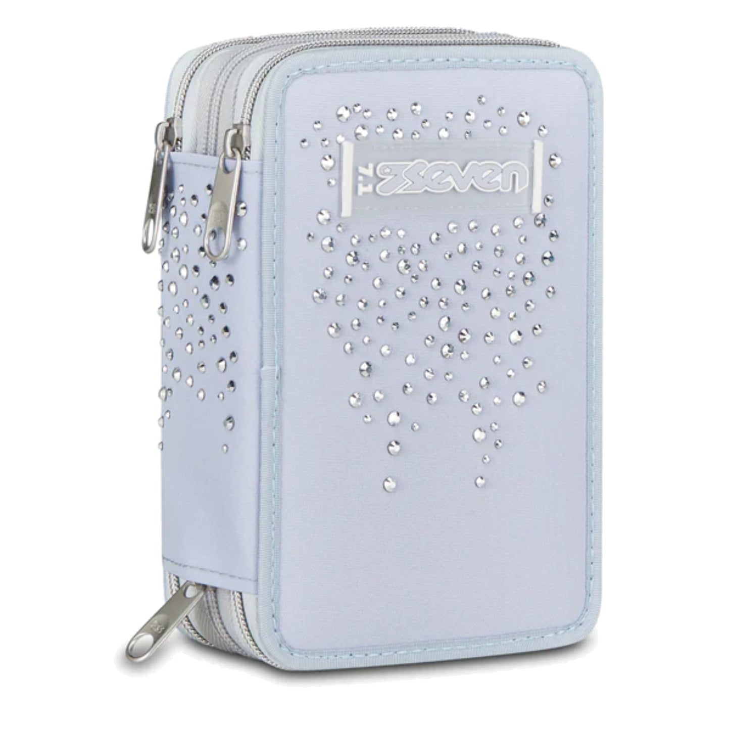 Astuccio Seven 3 Zip Completo 45 Pezzi Azzurro Polvere Strass Triplo Scomparto Scuola