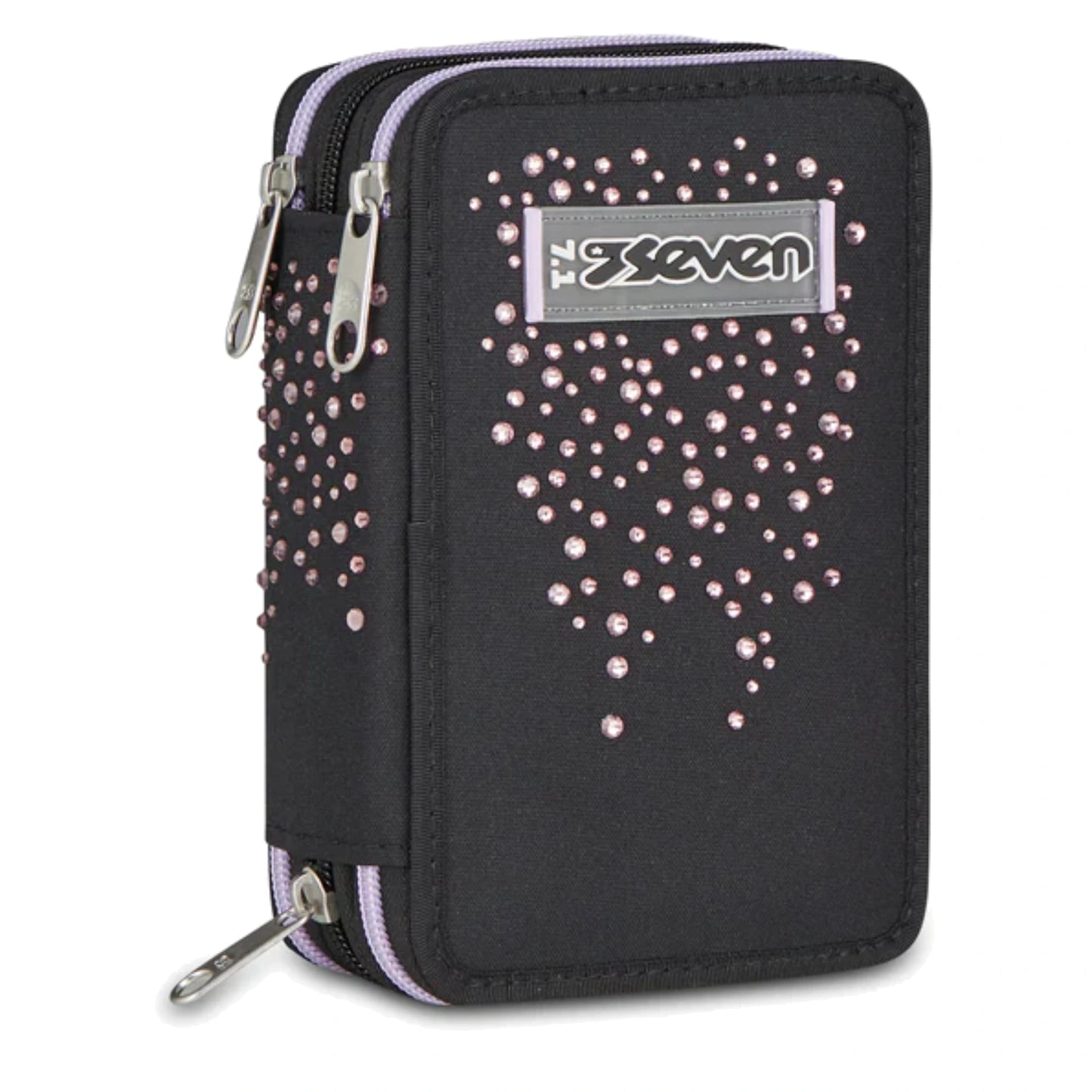 Astuccio Seven 3 Zip Completo 45 Pezzi Nero Strass Rosa Triplo Scomparto Scuola