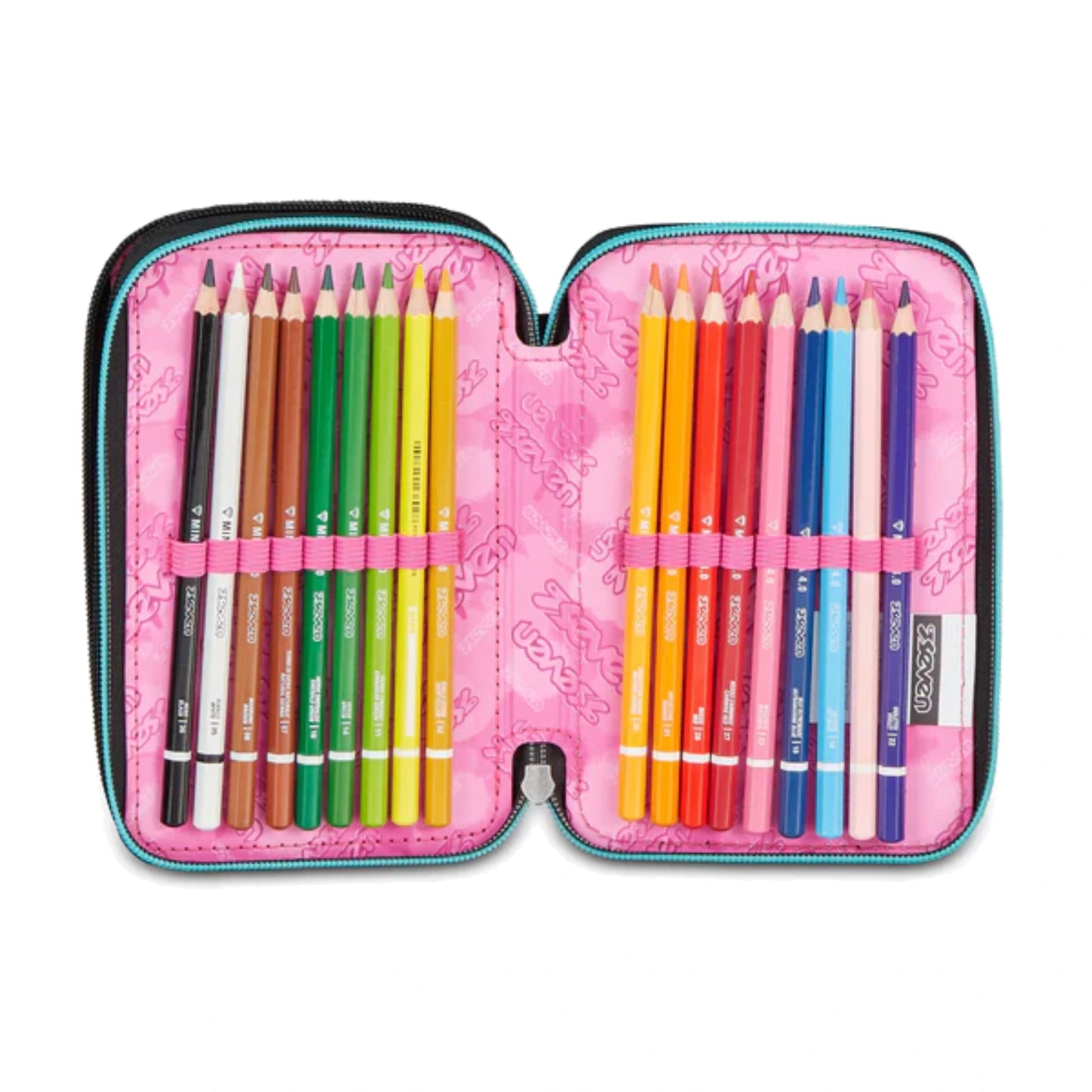 Astuccio Seven 3 Zip Completo 45 Pezzi Nero Strass Verde Acqua Triplo Scomparto
