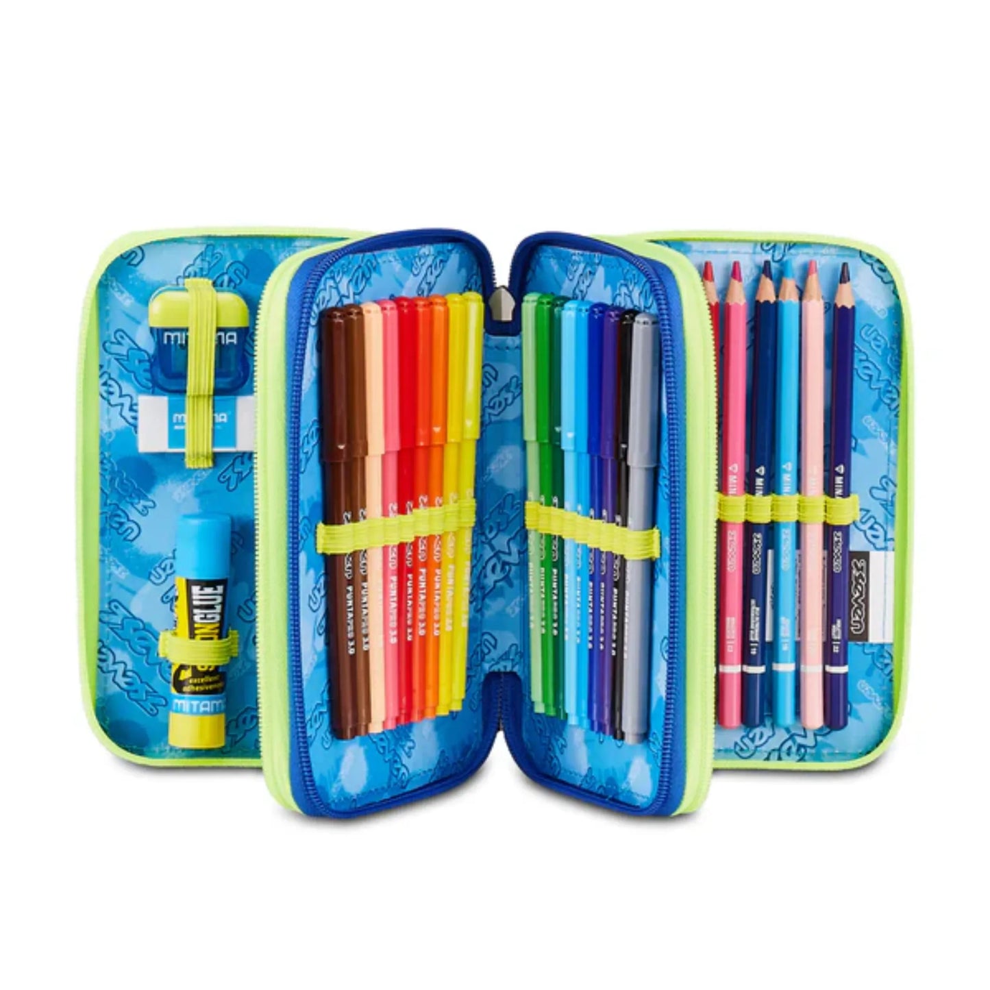 Astuccio 3 Zip Seven Blu Fusion Corredo Completo 45 Pezzi Scuola