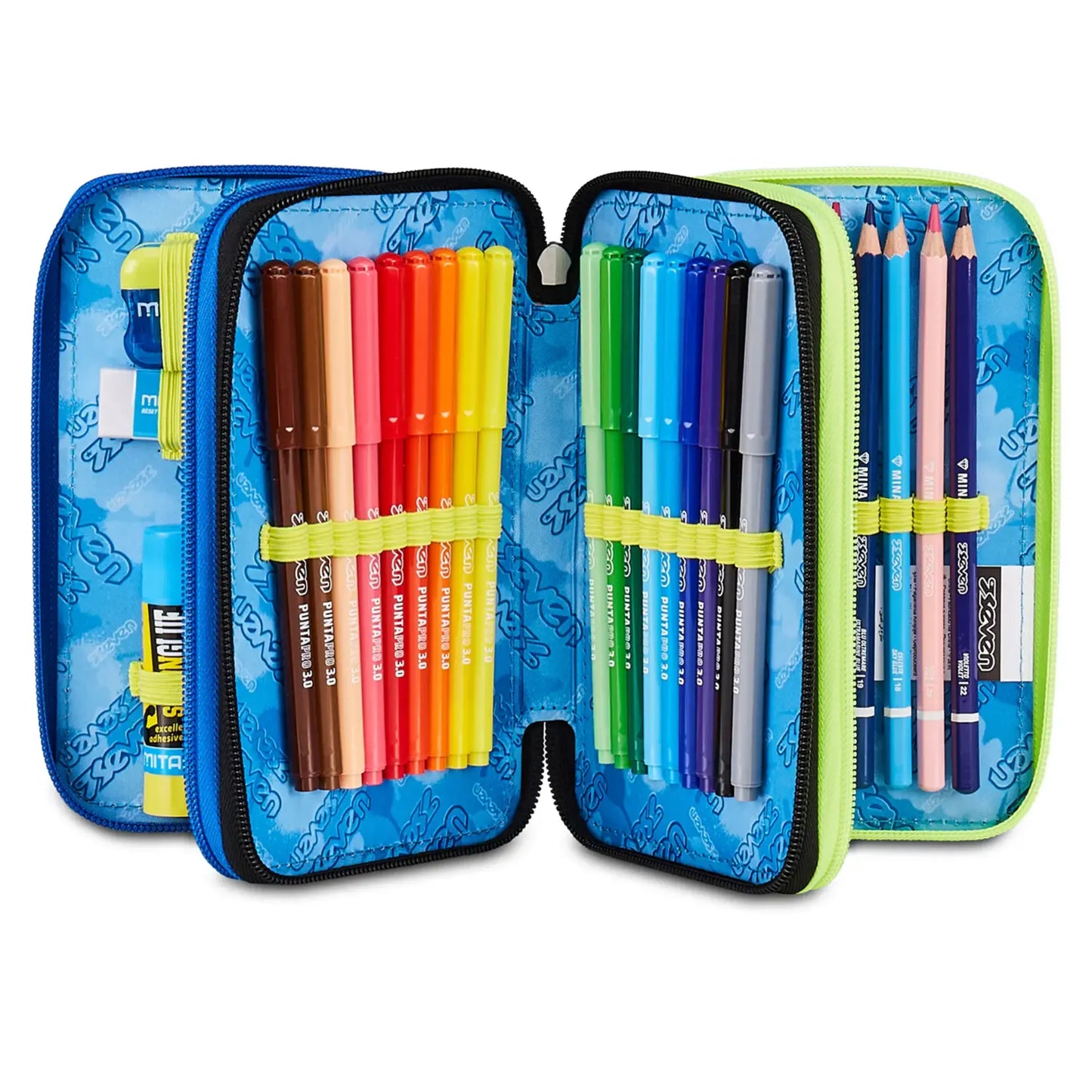Astuccio 3 Zip Seven Buzzy Note Boy Corredo Completo 45 Pezzi Scuola