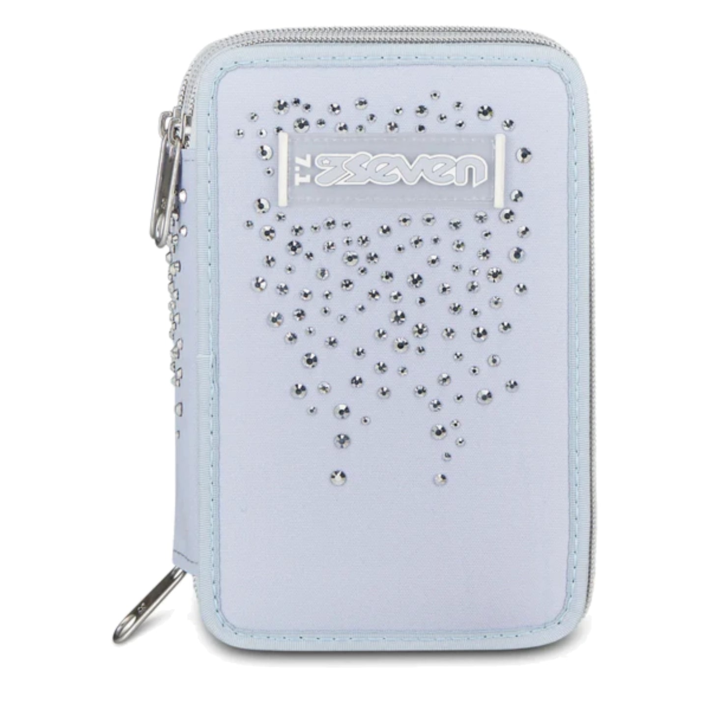 Astuccio Seven 3 Zip Completo 45 Pezzi Azzurro Polvere Strass Triplo Scomparto Scuola