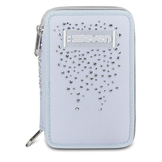 Astuccio Seven 3 Zip Completo 45 Pezzi Azzurro Polvere Strass Triplo Scomparto Scuola