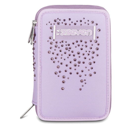 Astuccio Seven 3 Zip Completo 45 Pezzi Lilla Strass Triplo Scomparto Scuola