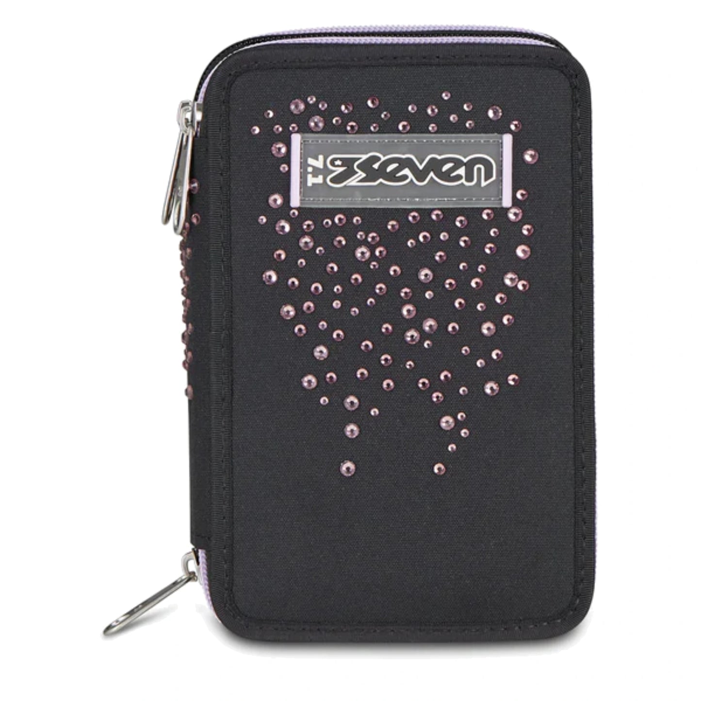 Astuccio Seven 3 Zip Completo 45 Pezzi Nero Strass Rosa Triplo Scomparto Scuola