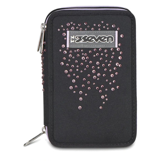 Astuccio Seven 3 Zip Completo 45 Pezzi Nero Strass Rosa Triplo Scomparto Scuola
