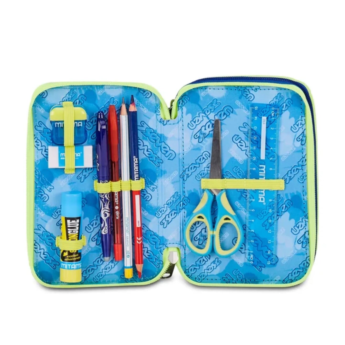 Astuccio 3 Zip Seven Blu Fusion Corredo Completo 45 Pezzi Scuola