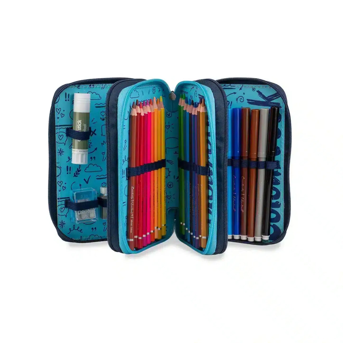 Astuccio 3 Zip Bicolor Colourbook Completo 44 Pezzi | Scuola 3 Scomparti