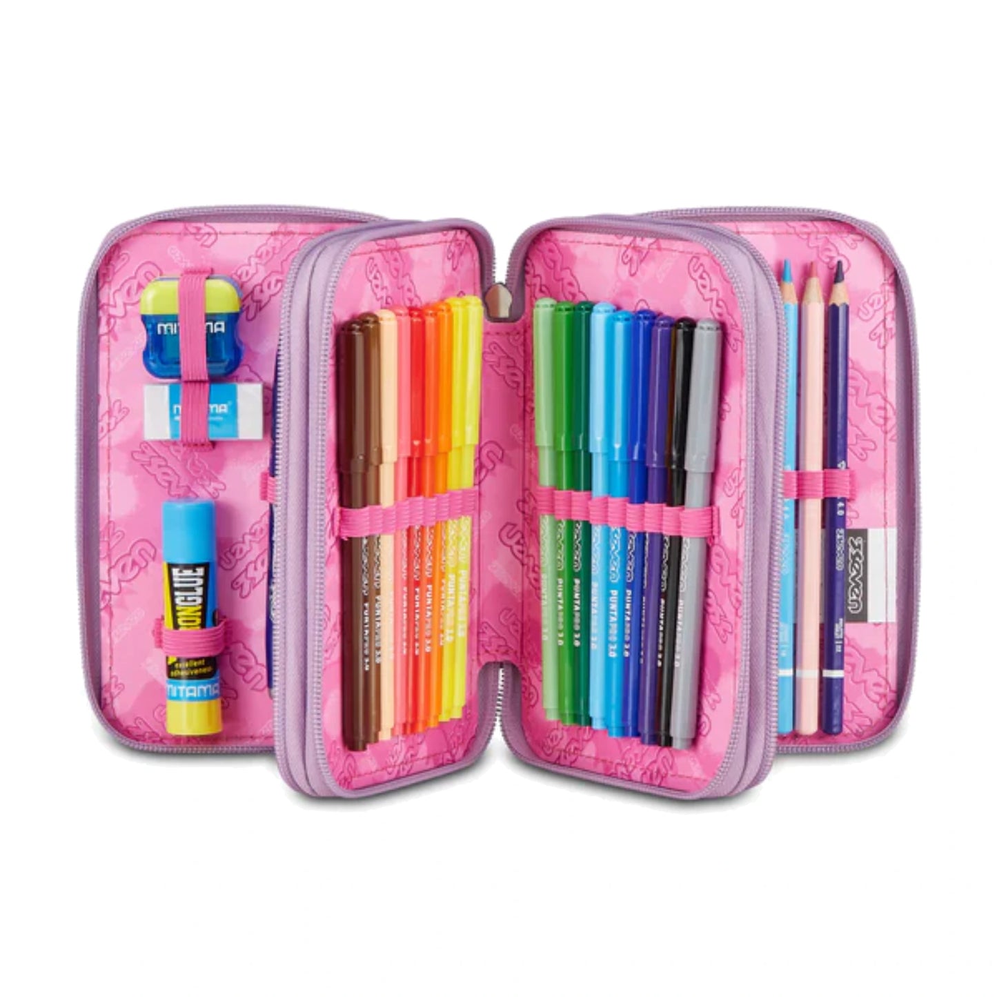 Astuccio Seven 3 Zip Completo 45 Pezzi Lilla Strass Triplo Scomparto Scuola