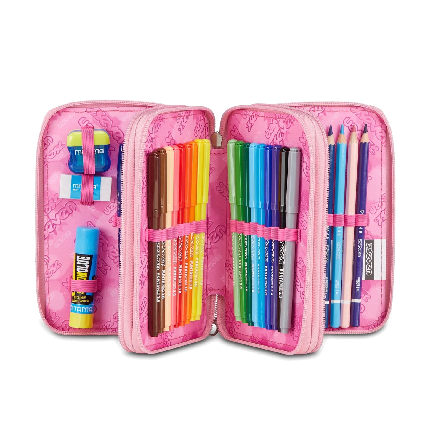 Astuccio Seven 3 Zip Completo 45 Pezzi Bambina Strass Triplo Scomparto Scuola