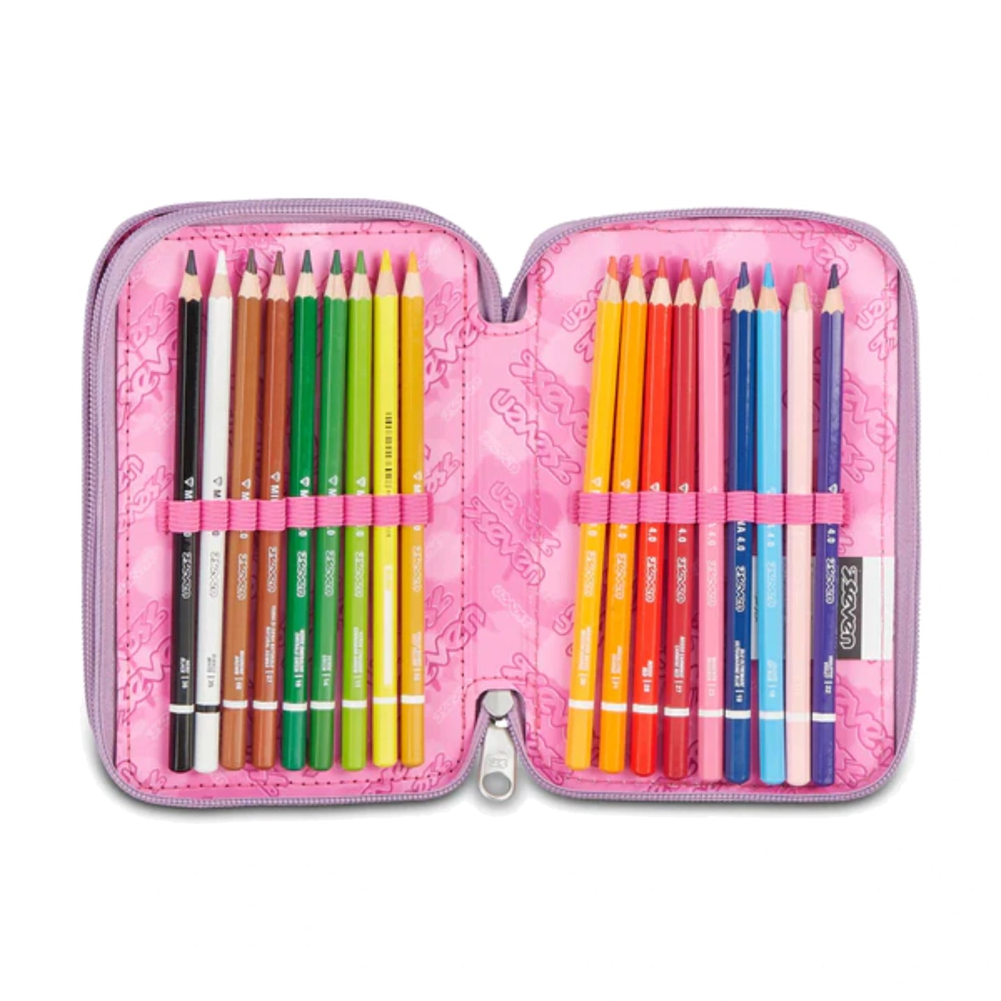 Astuccio Seven 3 Zip Completo 45 Pezzi Lilla Strass Triplo Scomparto Scuola