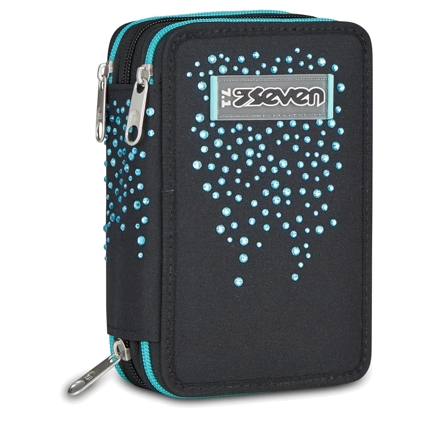 Astuccio Seven 3 Zip Completo 45 Pezzi Nero Strass Verde Acqua Triplo Scomparto