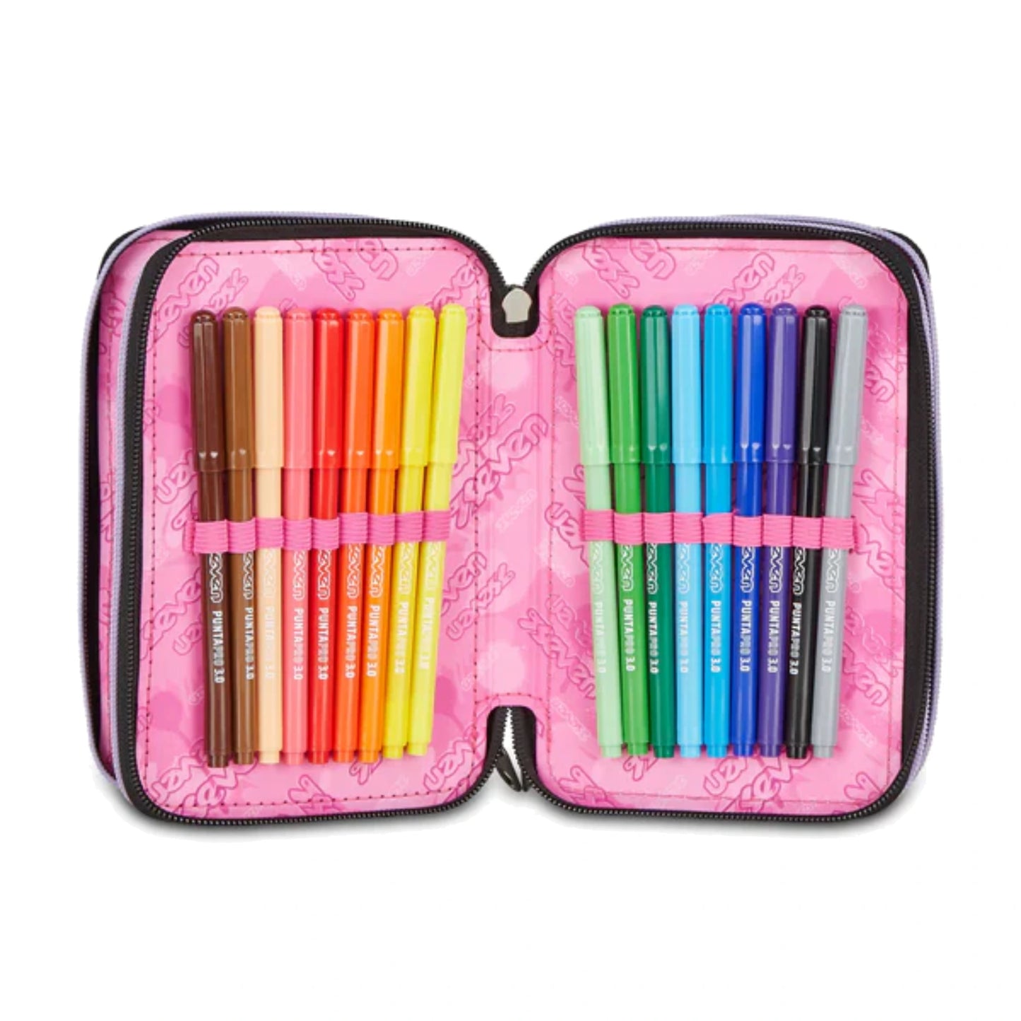 Astuccio Seven 3 Zip Completo 45 Pezzi Nero Strass Rosa Triplo Scomparto Scuola