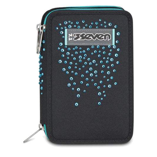Astuccio Seven 3 Zip Completo 45 Pezzi Nero Strass Verde Acqua Triplo Scomparto
