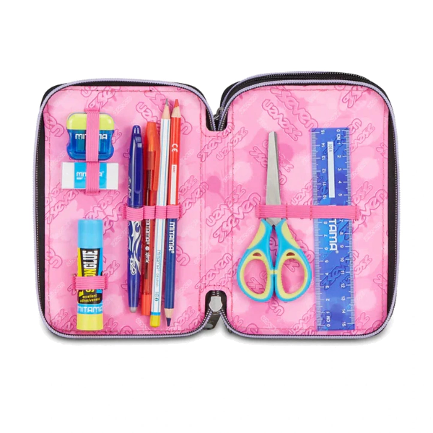 Astuccio Seven 3 Zip Completo 45 Pezzi Nero Strass Rosa Triplo Scomparto Scuola