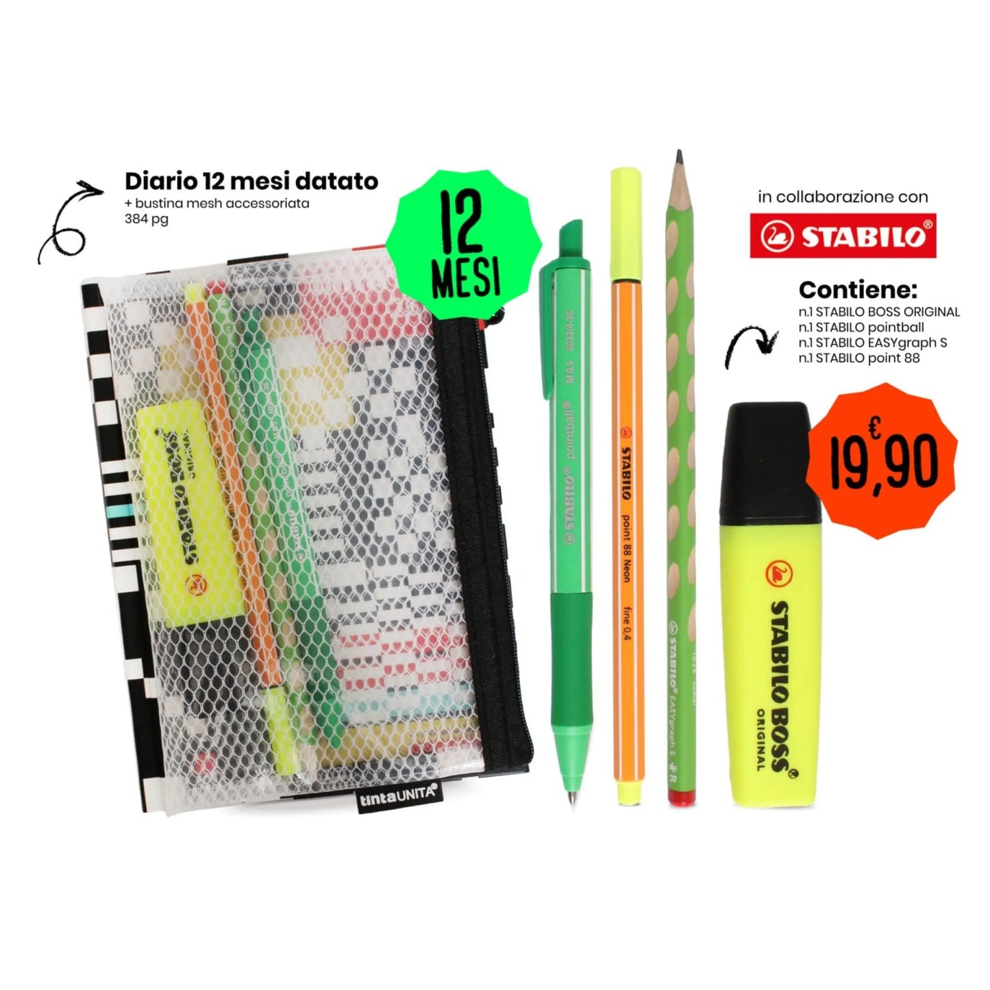 Diario Tinta Unita Stabilo 2026-27 12 Mesi con Bustina Kit Accessori | 8 Fantasie