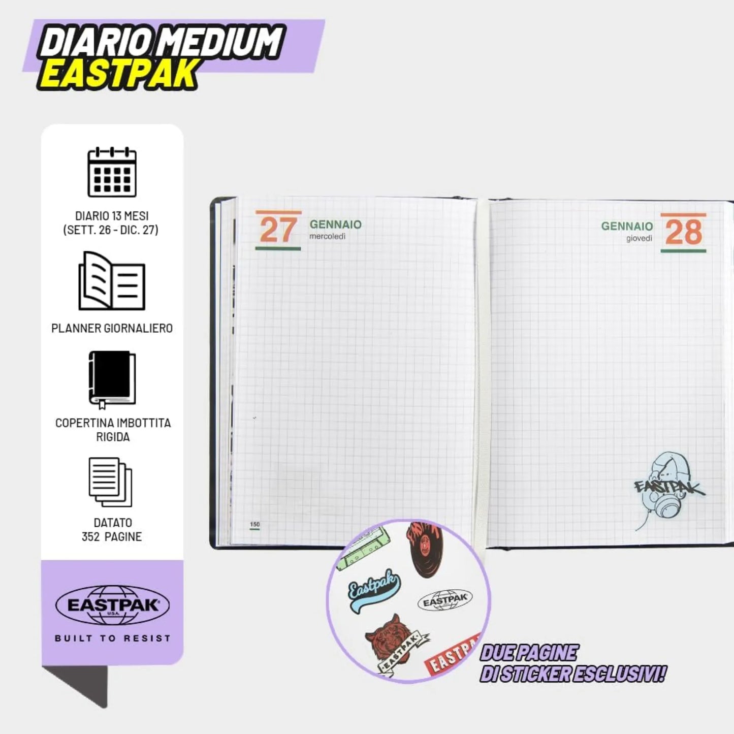 Diario Eastpak 13 Mesi 2026-27 Copertina Imbottita | Blu Rosa Nero Lilla