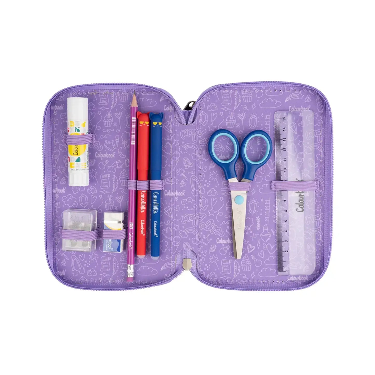 Astuccio 3 Zip Glitter Brillantinato Colourbook Completo 44 Pezzi Scuola