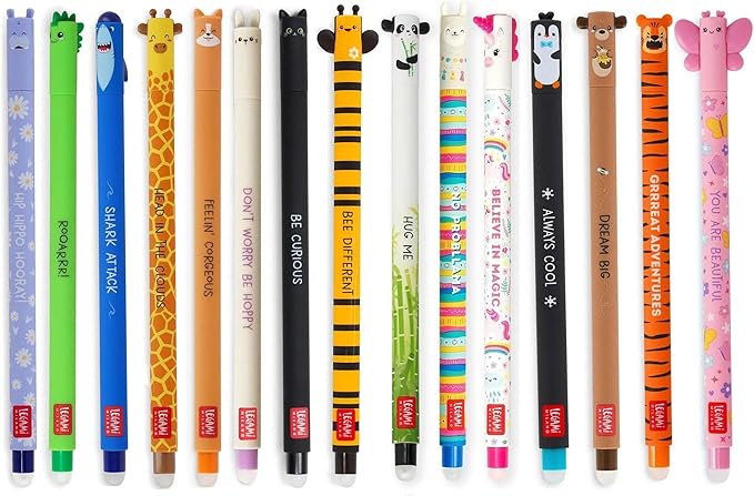 LEGAMI - Set di 15 penne gel cancellabili, con inchiostro gel cancellabile, non rovinano i fogli, punta da 0,7 mm, colori assortiti e motivi a forma di animali