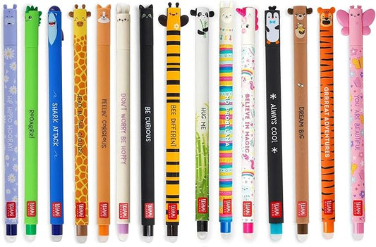 LEGAMI - Set di 15 penne gel cancellabili, con inchiostro gel cancellabile, non rovinano i fogli, punta da 0,7 mm, colori assortiti e motivi a forma di animali