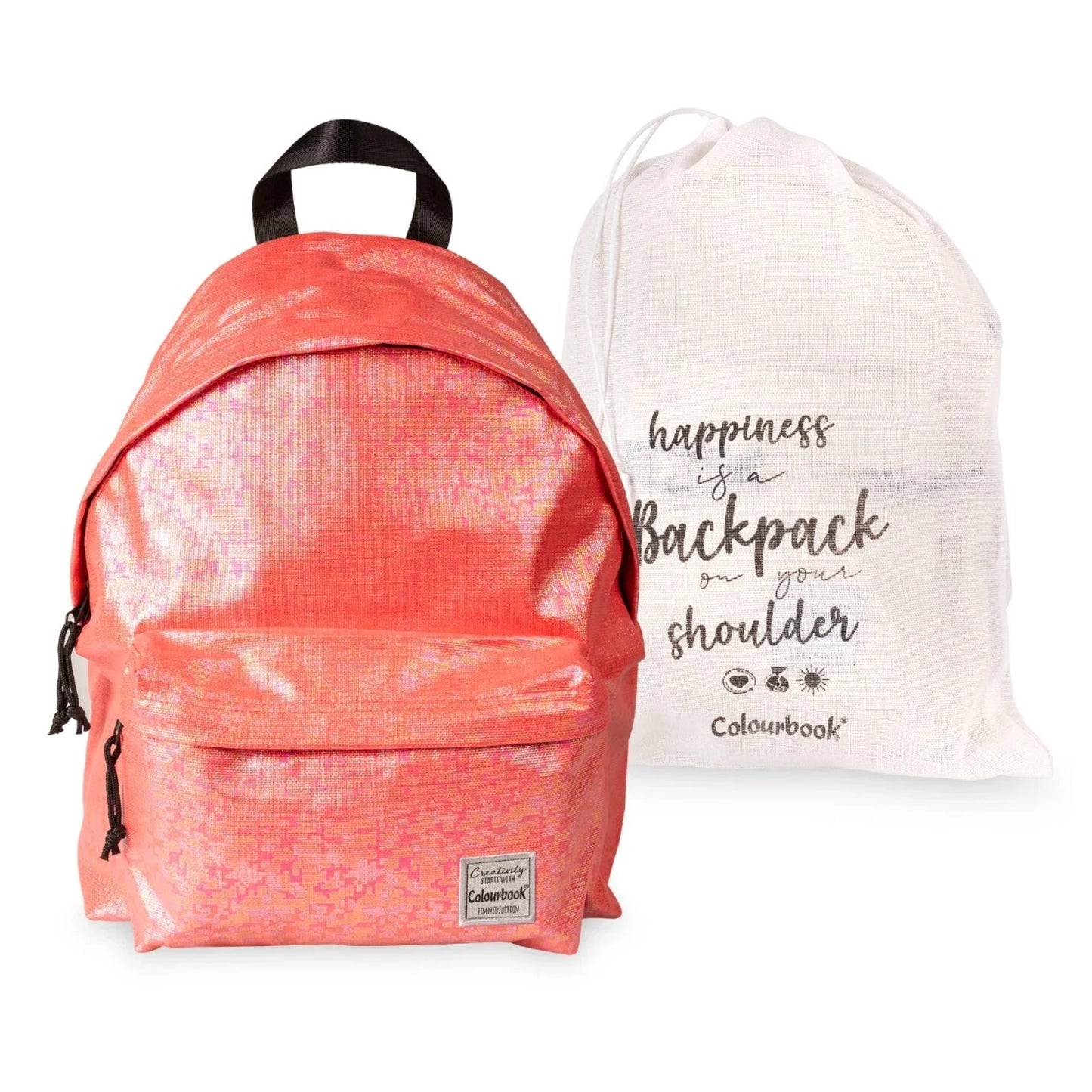 Zaino Shine Colourbook Strawberry — Tessuto Iridescente Olografico 2 Zip Sacchetto Cotone Limited Edition