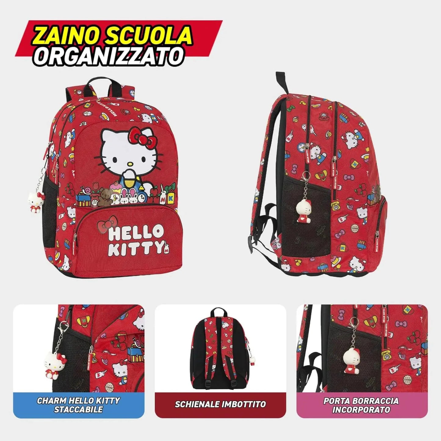 Zaino Comix Organizzato Hello Kitty Rosso 31 Litri — Charm Staccabile Porta Borraccia Schienale Imbottito Licenza Ufficiale Sanrio