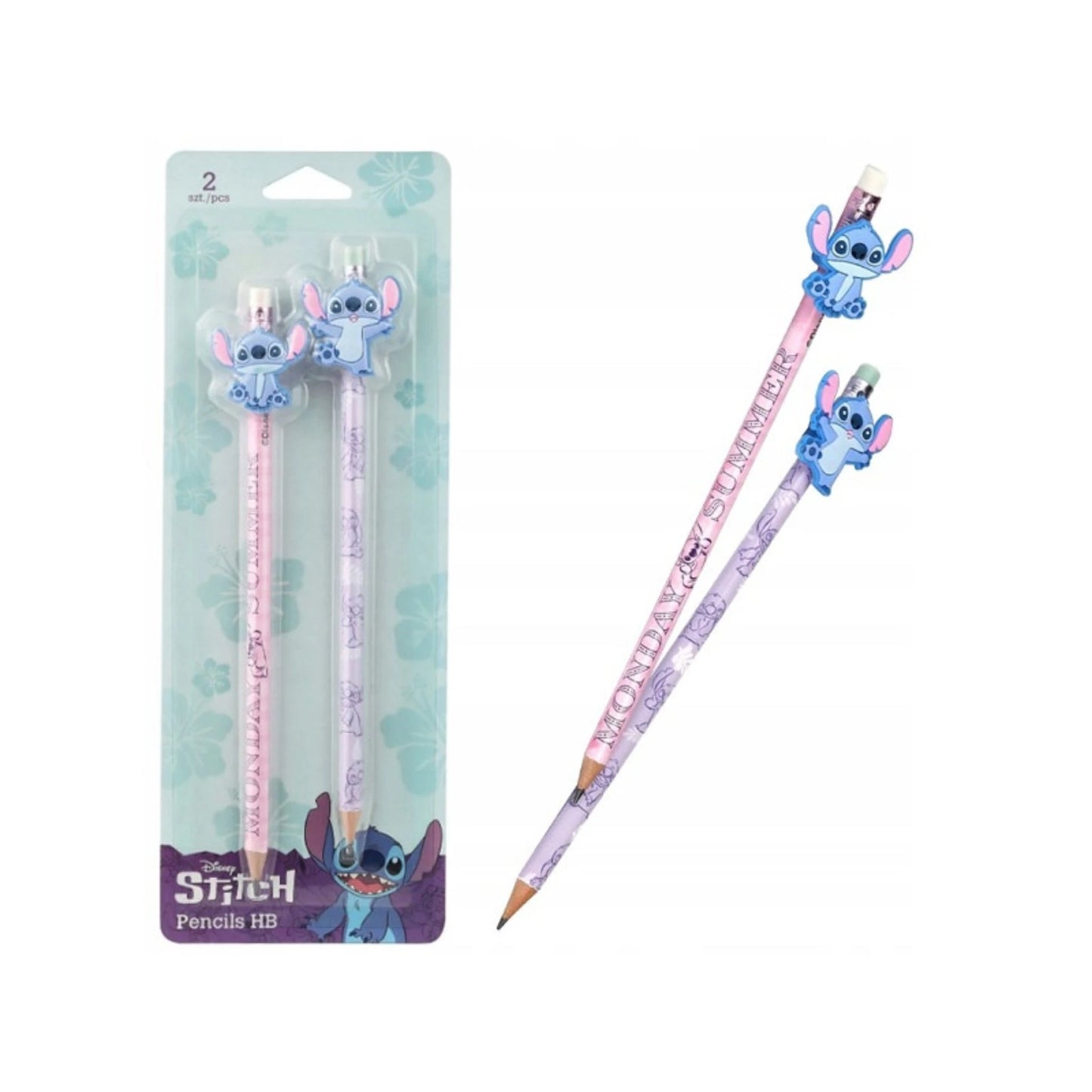Set 2 Matite HB Disney Stitch con Topper 3D Monday Summer — Mina Grafite Gomma Integrata CoolPack