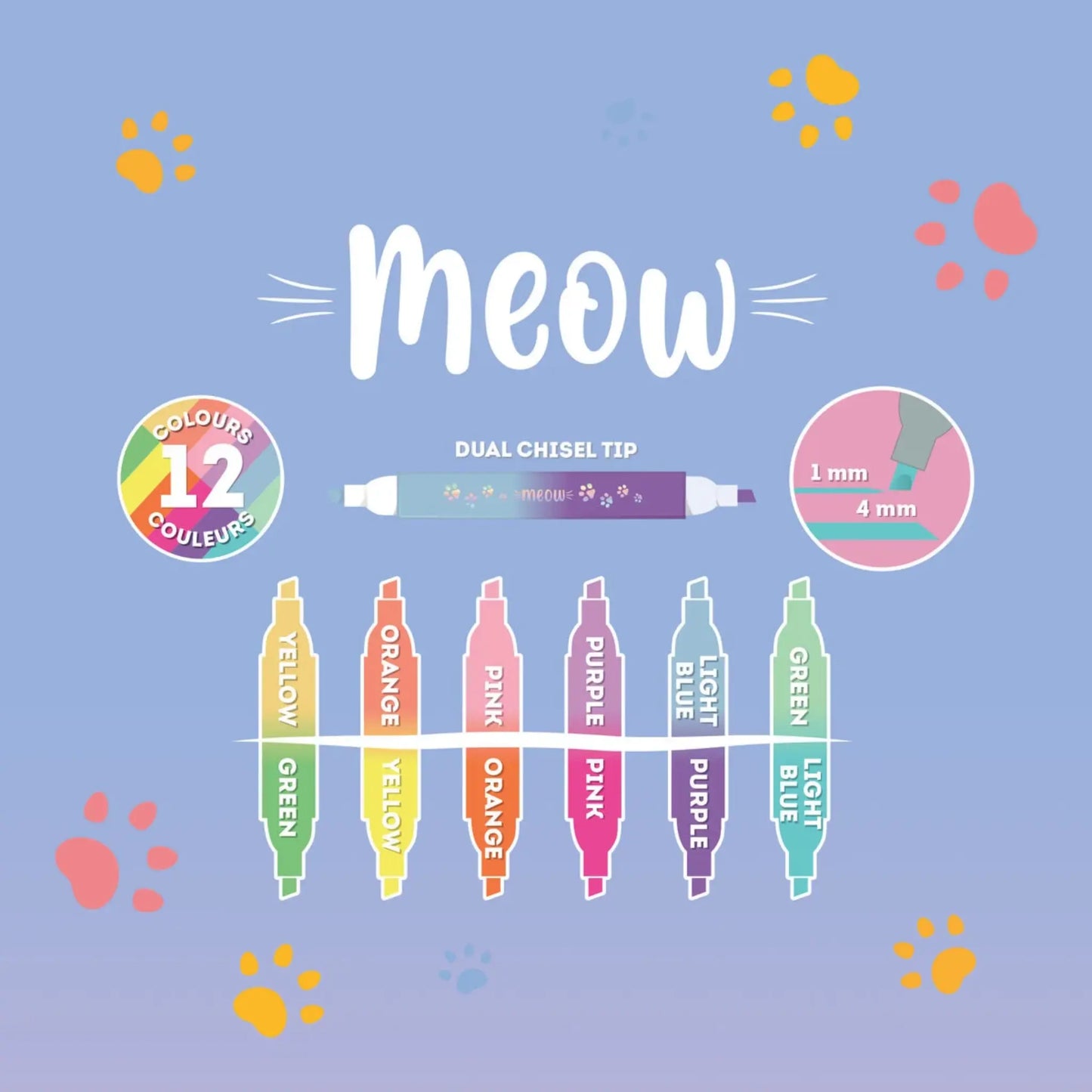 Set 6 Evidenziatori Doppia Punta Meow Legami | 12 Colori Pastello e Neon Kitty Gatto