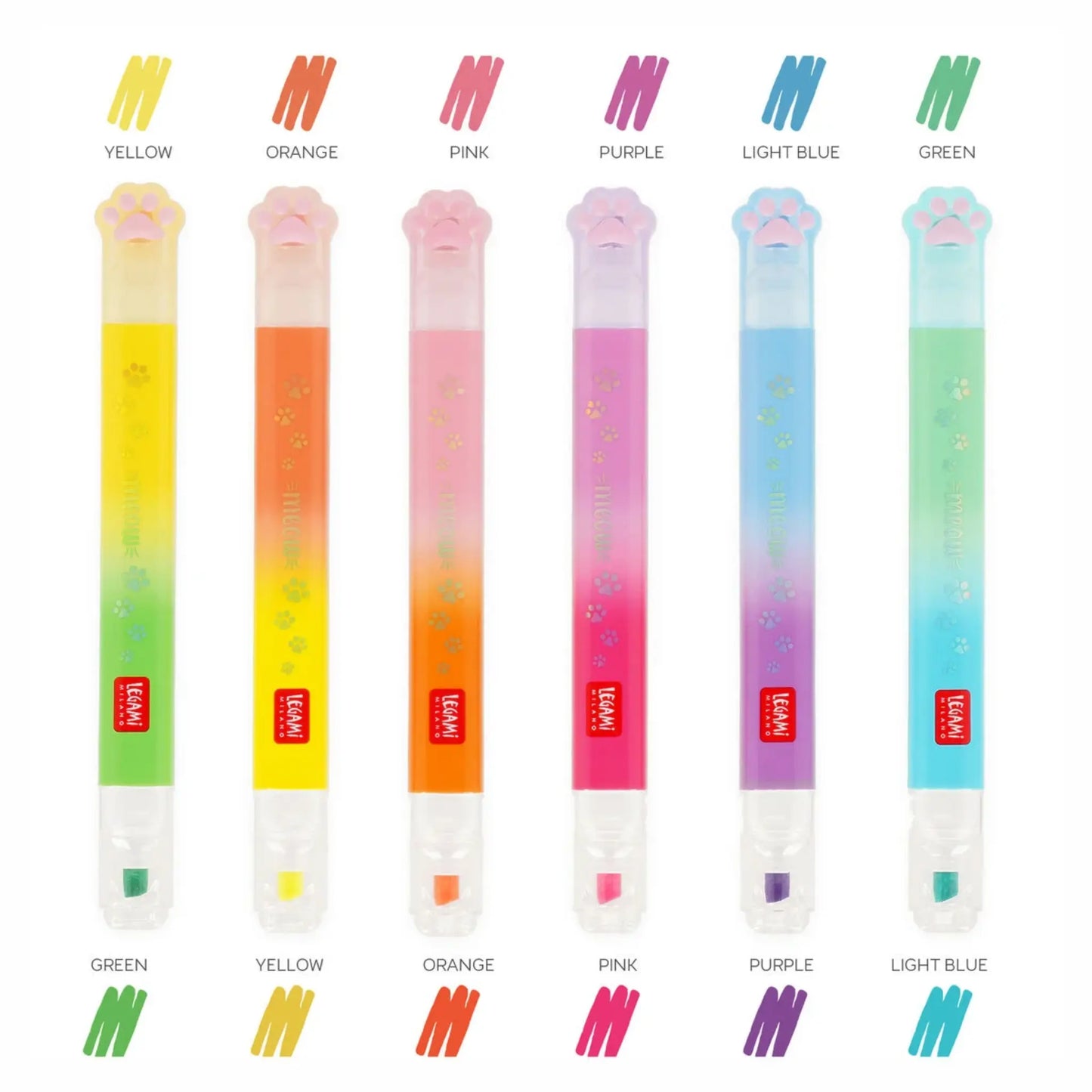 Set 6 Evidenziatori Doppia Punta Meow Legami | 12 Colori Pastello e Neon Kitty Gatto