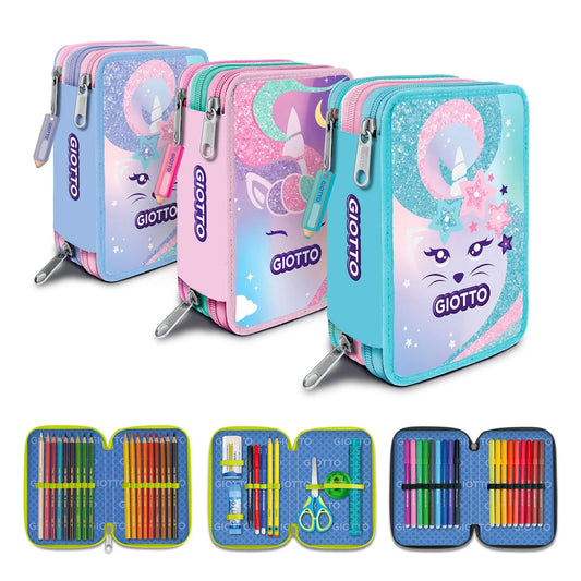 Astuccio 3 Zip Giotto Catty Candy Glitter con Corredo 46 Pezzi — Pennarelli Turbo Color Pastelli Supermina | Gatto Unicorno 3 Varianti