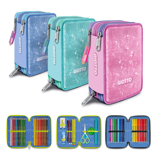 Astuccio 3 Zip Giotto Super Crystal con Corredo 46 Pezzi - Pennarelli Turbo Color Pastelli Supermina 3 Varianti Colore