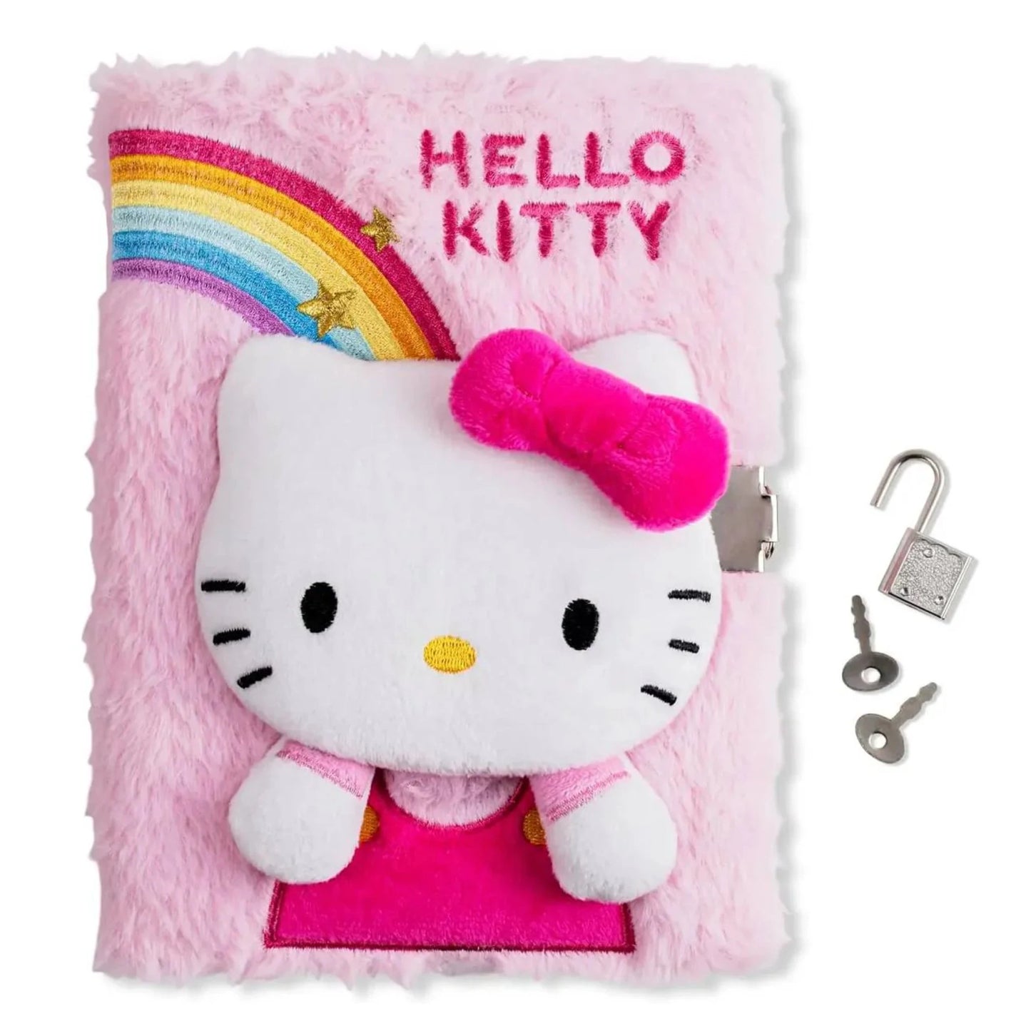Diario Segreto Hello Kitty Peluche con Lucchetto e Chiave — Copertina Morbida 3D Arcobaleno Ricamato Pagine a Righe Licenza Sanrio