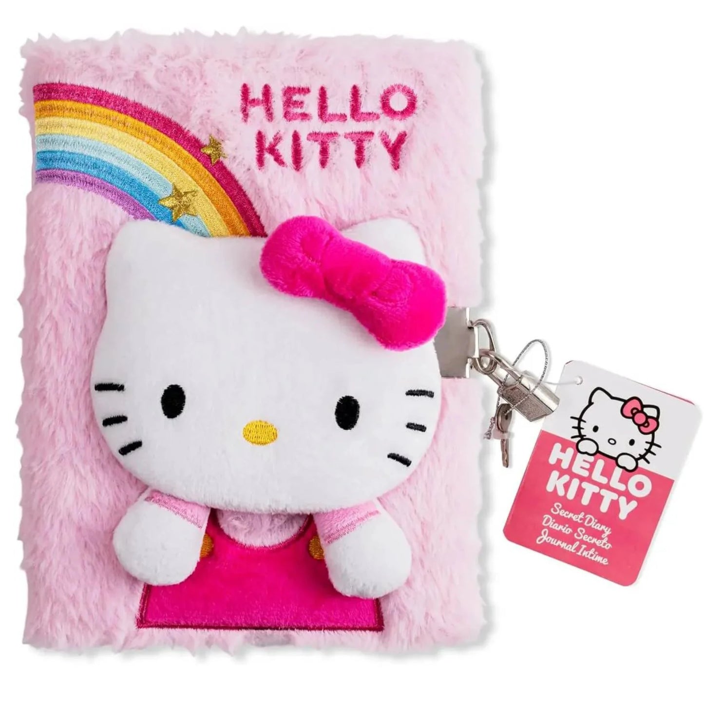 Diario Segreto Hello Kitty Peluche con Lucchetto e Chiave — Copertina Morbida 3D Arcobaleno Ricamato Pagine a Righe Licenza Sanrio