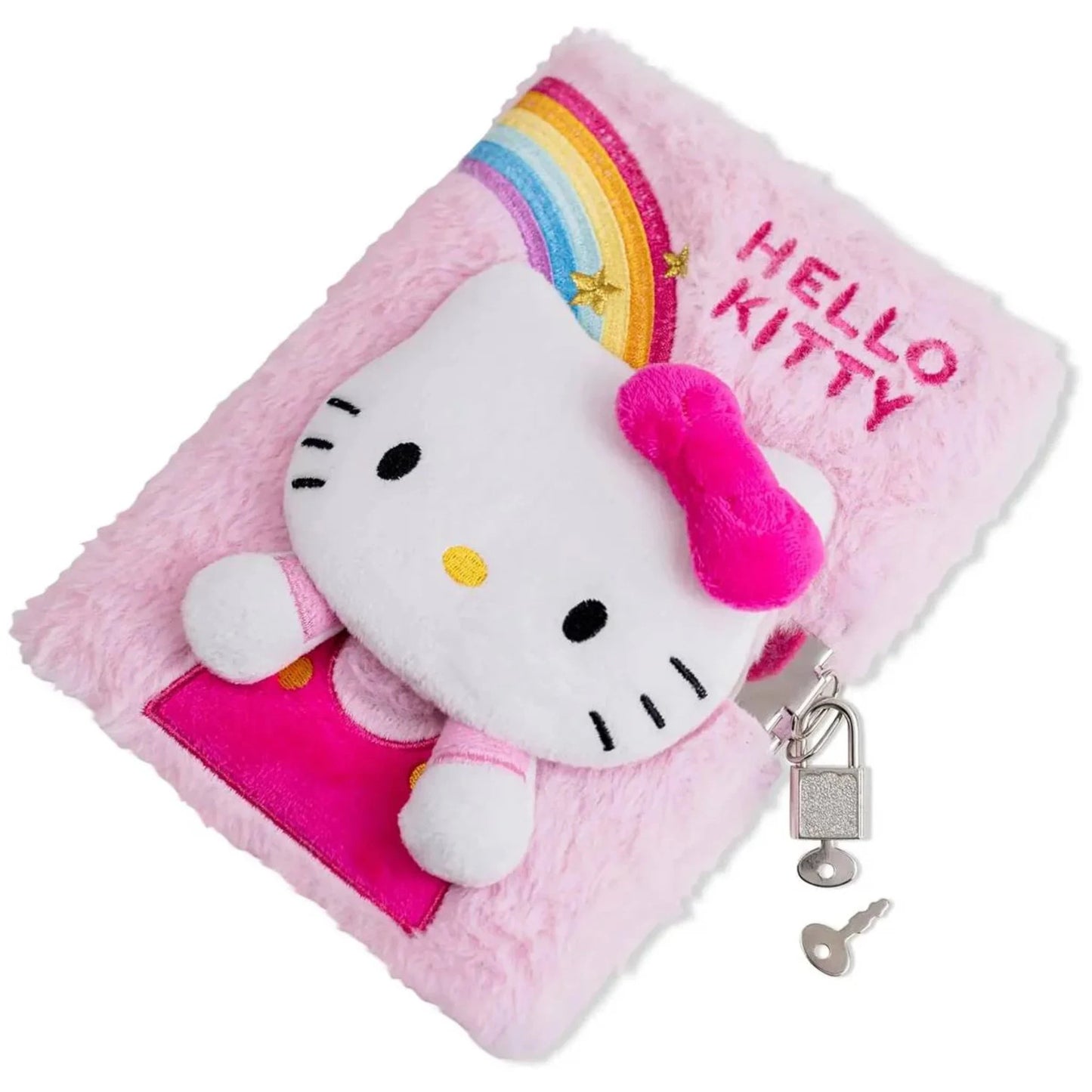 Diario Segreto Hello Kitty Peluche con Lucchetto e Chiave — Copertina Morbida 3D Arcobaleno Ricamato Pagine a Righe Licenza Sanrio