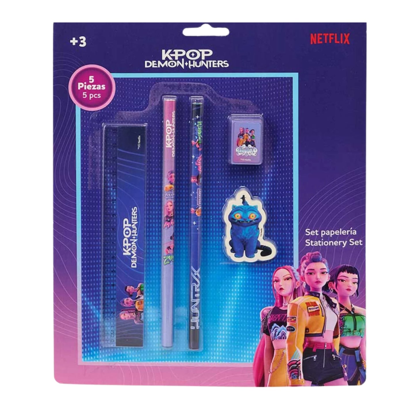 Set Cancelleria 5 Pezzi K-Pop Demon Hunters Netflix — Righello Matite Temperamatite Gomma Blister Ufficiale