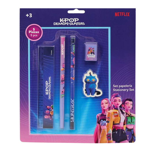 Set Cancelleria 5 Pezzi K-Pop Demon Hunters Netflix — Righello Matite Temperamatite Gomma Blister Ufficiale