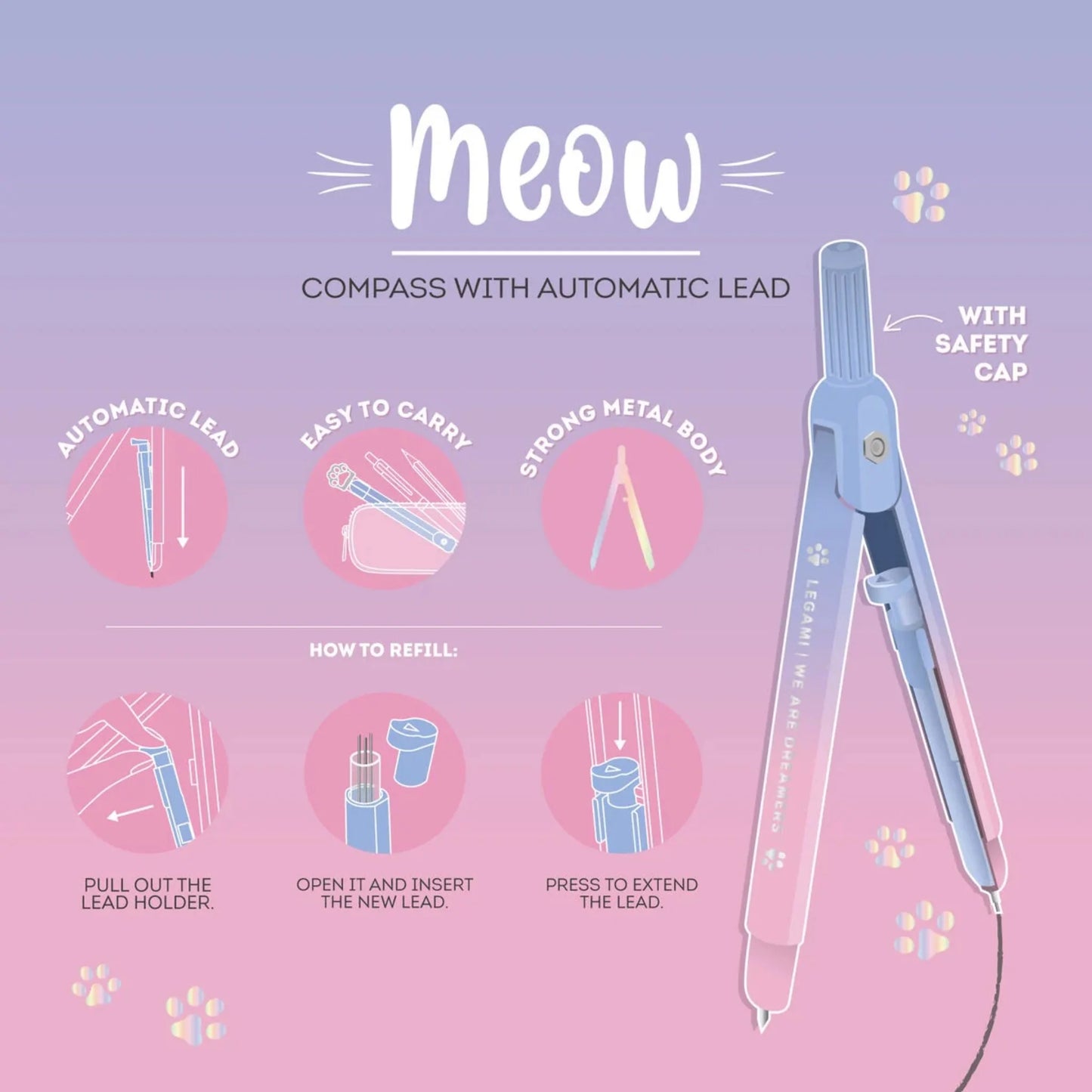 Compasso con Mina Automatica Legami Meow — Zampa Gatto Rosa Viola Mine 0,5mm 2B Incluse