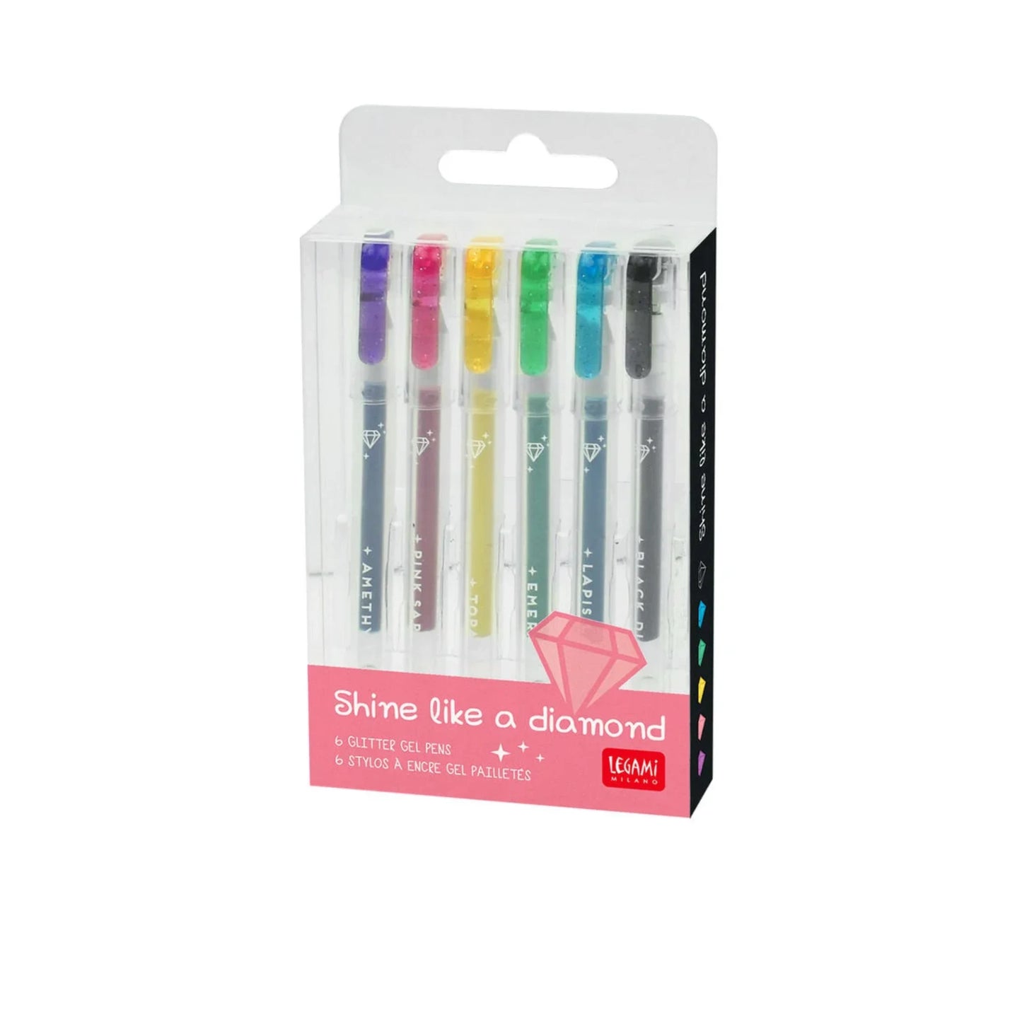 Set 6 Mini Penne Gel Glitterate Legami Shine Like a Diamond — Punta 1.0 mm | Colori Glitter Brillanti
