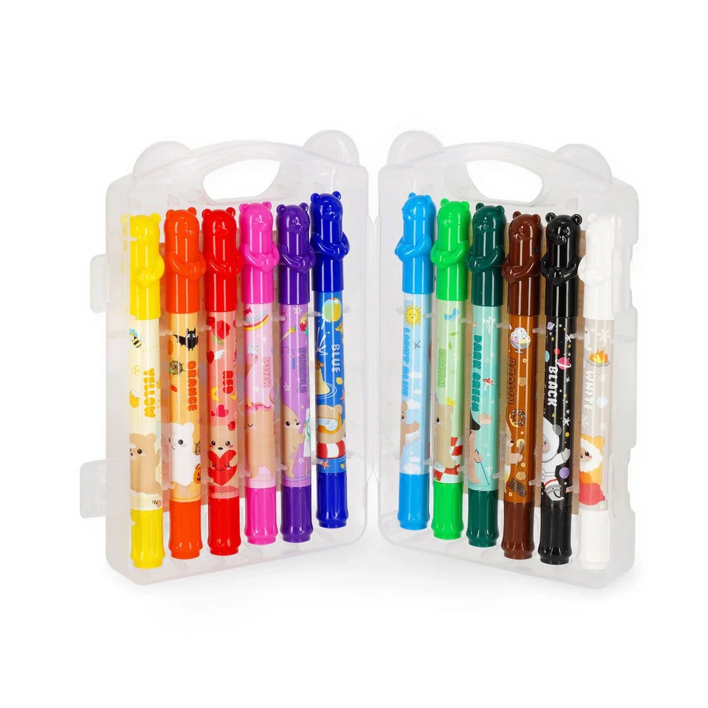 Pastelli a Cera a Rotazione Legami Teddy Friends — Set 12 Colori | Lavabili Acquerellabili con Valigetta