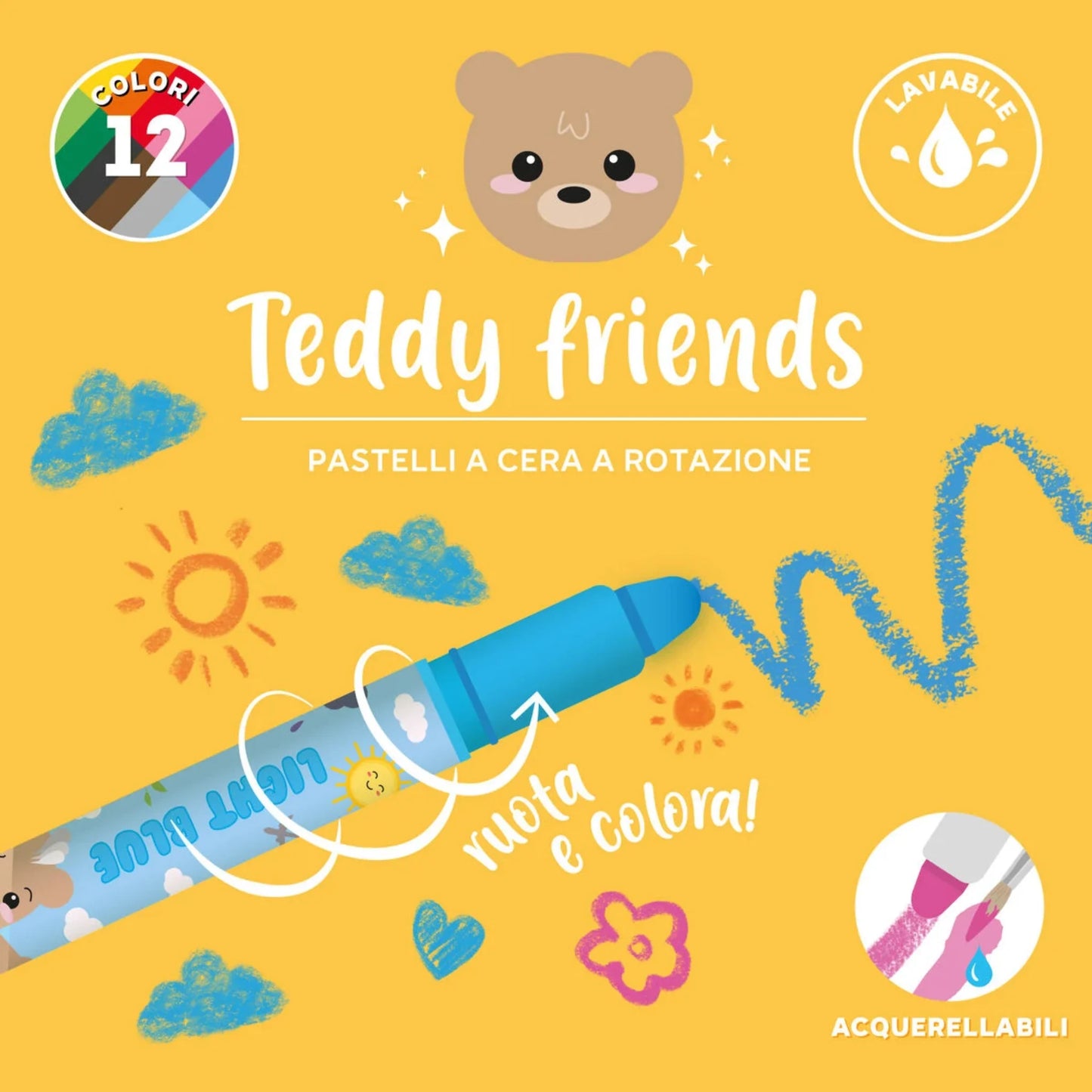Pastelli a Cera a Rotazione Legami Teddy Friends — Set 12 Colori | Lavabili Acquerellabili con Valigetta