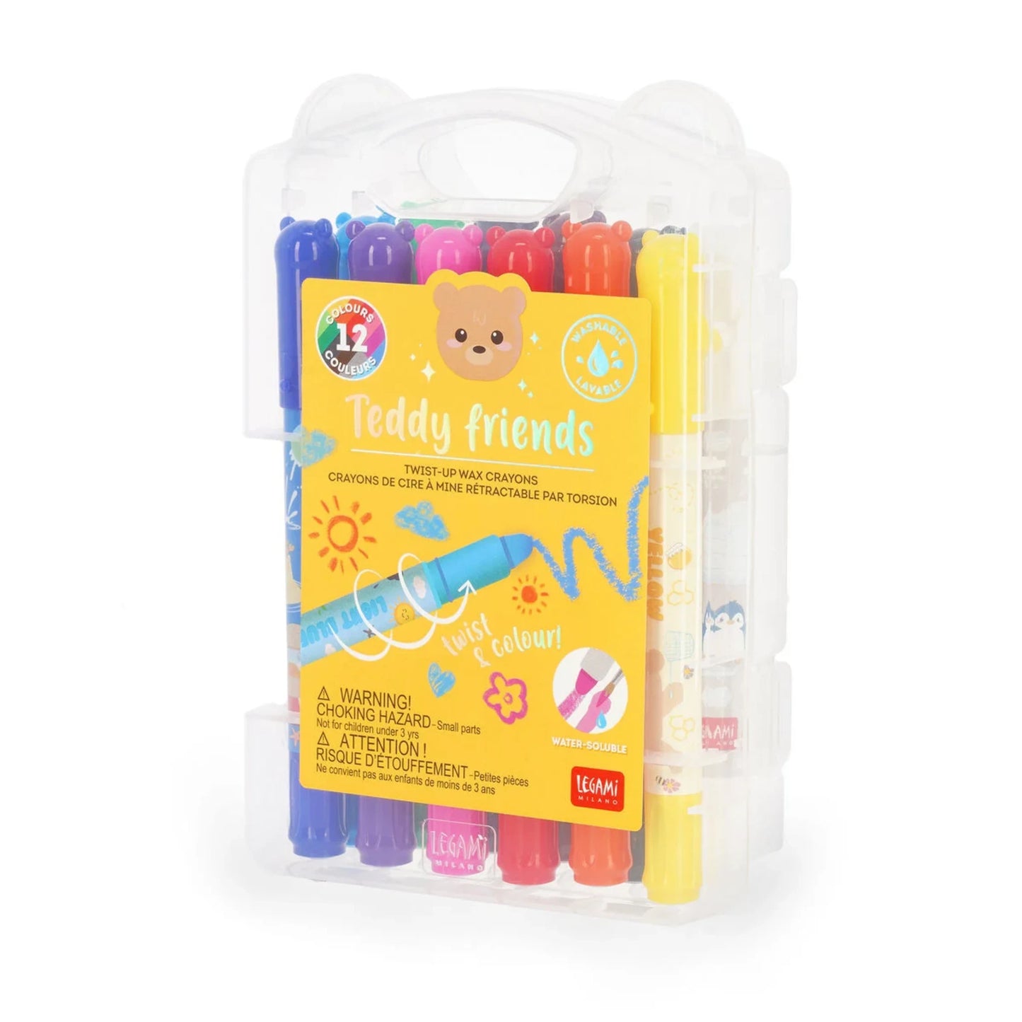 Pastelli a Cera a Rotazione Legami Teddy Friends — Set 12 Colori | Lavabili Acquerellabili con Valigetta