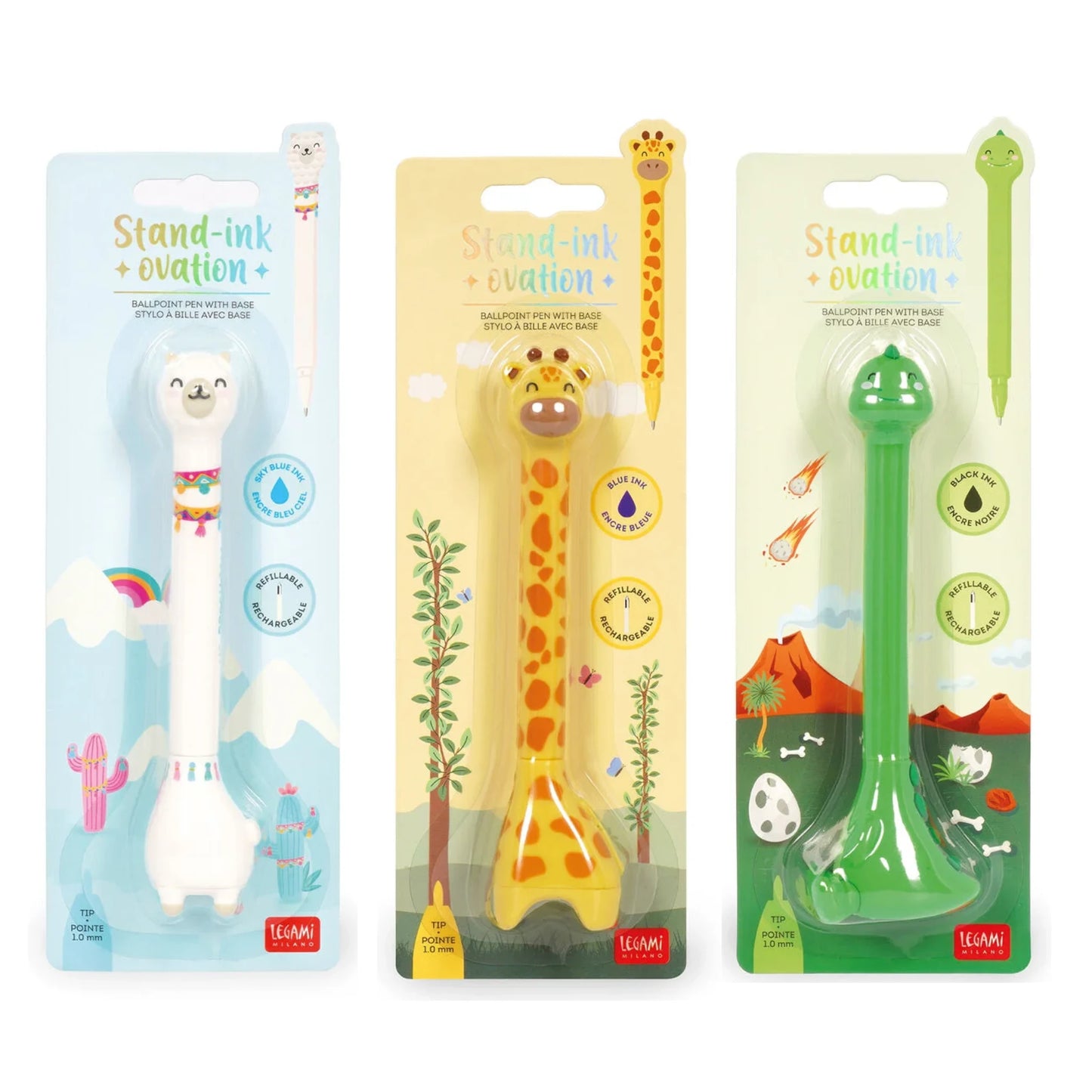 Penna a Sfera Legami Stand-Ink Ovation con Base — Giraffa Dino Llama | Penna Animali Ricaricabile Refill G2