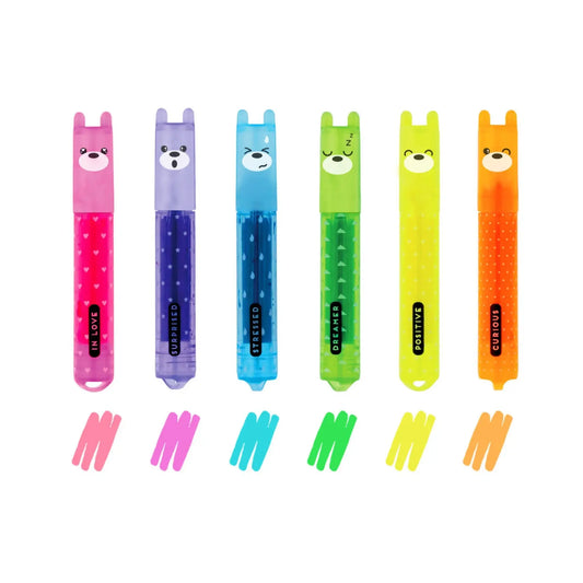 Set of 6 Teddy's Mood Mini Highlighters | Colorful Kawaii Bear Highlighters