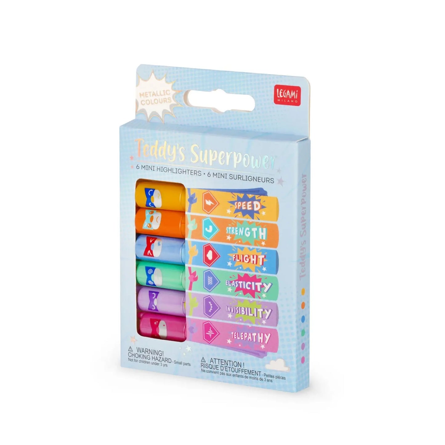 Set of 6 Mini Teddy's Superpower Highlighters | Metallic Superhero Bear Highlighters